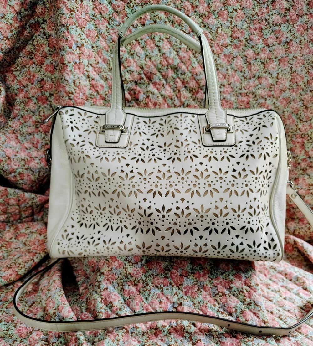 Coach Taylor Eyelet Cut Out Flower Leather Satchel Long Strap White Ivory